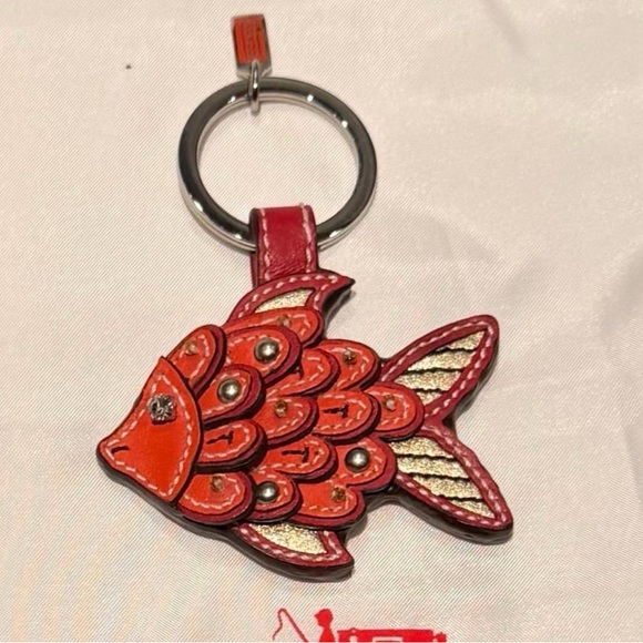 NWOT RARE COACH KOI FISH Red Burgundy Bronze Metallic Leather Keychain
